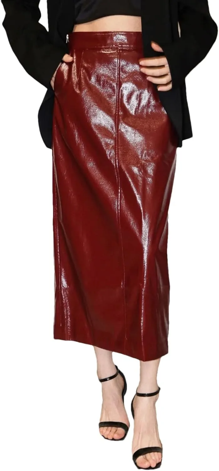 Women's Shiny Reflective Patent Pu Leather Midi Pencil Skirt Solid High Waist Long Skirt
