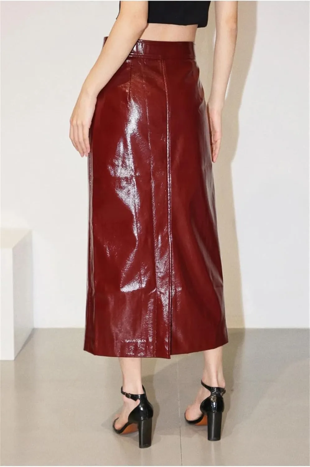 Women's Shiny Reflective Patent Pu Leather Midi Pencil Skirt Solid High Waist Long Skirt