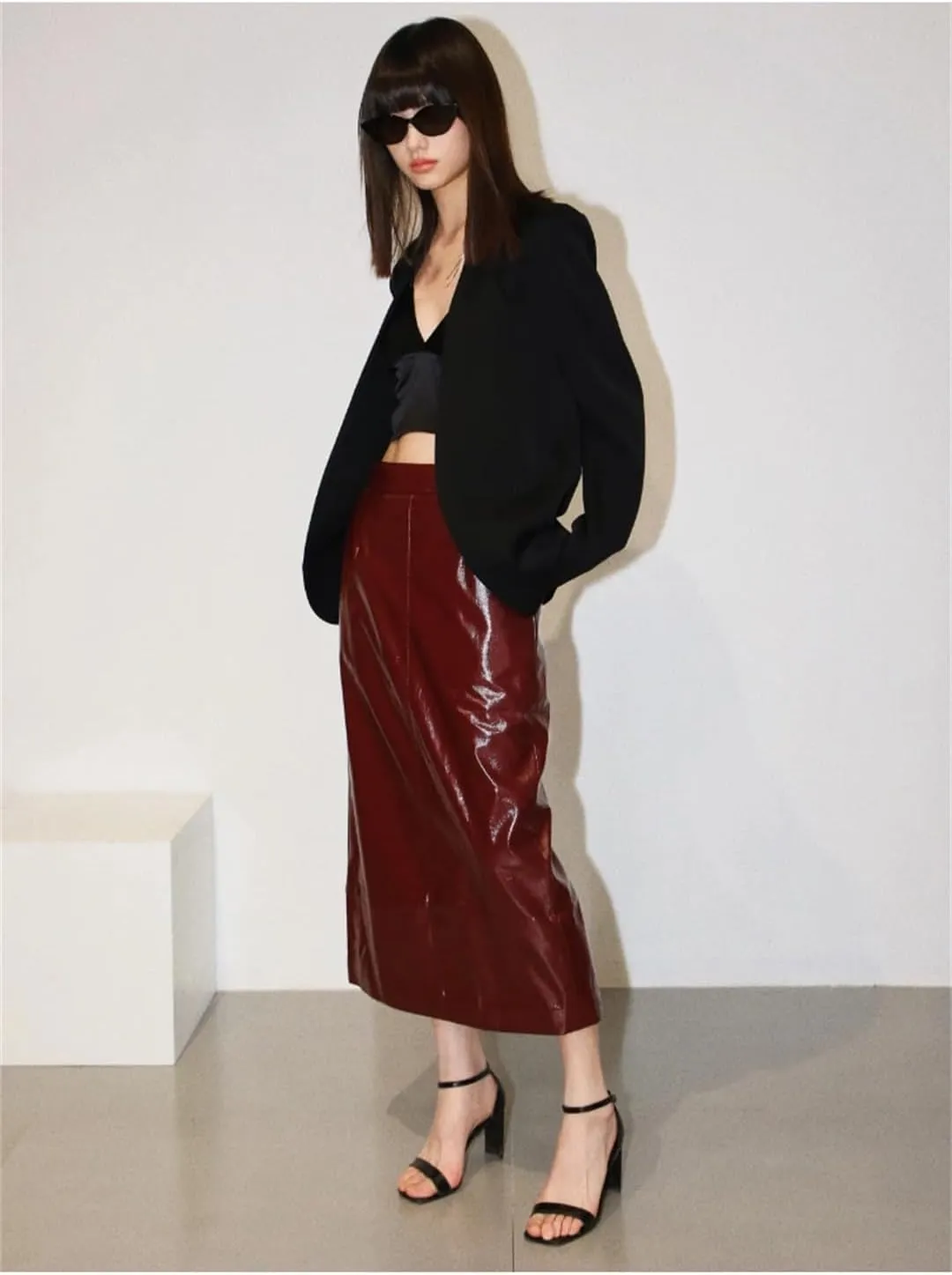Women's Shiny Reflective Patent Pu Leather Midi Pencil Skirt Solid High Waist Long Skirt