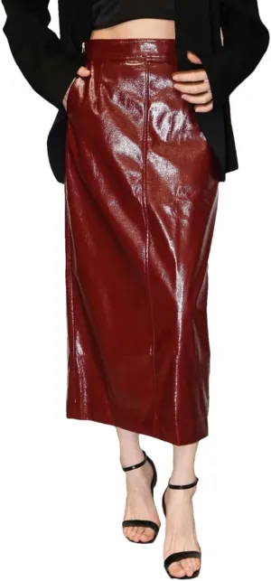 Women's Shiny Reflective Patent Pu Leather Midi Pencil Skirt Solid High Waist Long Skirt