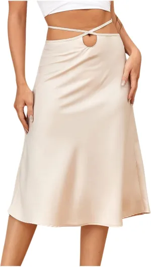 Womens Skirts Midi Length Sexy Lace up Navel Zipper Skirt Hip-Wrapped A-Line Swing Skirts Solid Color Silk Skirt