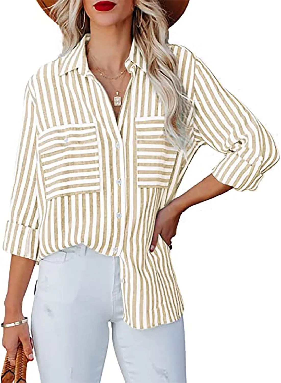 Women's Striped Button Up Blouse Trendy Business Tops Dressy Soft Cotton Linen Tops Casual Long Sleeve Tops Fall Shirt
