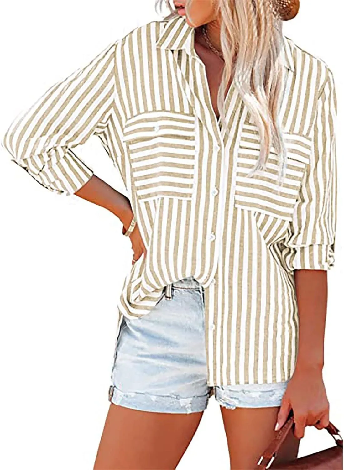 Women's Striped Button Up Blouse Trendy Business Tops Dressy Soft Cotton Linen Tops Casual Long Sleeve Tops Fall Shirt