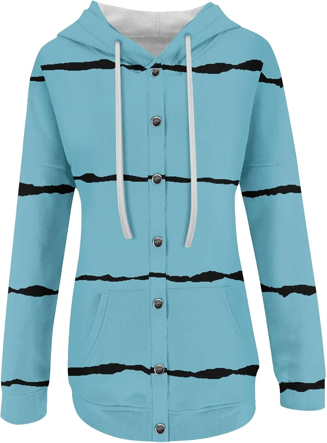 Womens Striped Casual Sweatshirt Oversized Drawstring Casual V Neck Button Up Hoodies Fall Long Sleeve Hooded Jackets