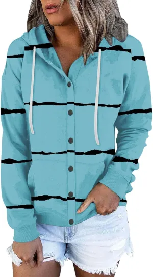 Womens Striped Casual Sweatshirt Oversized Drawstring Casual V Neck Button Up Hoodies Fall Long Sleeve Hooded Jackets