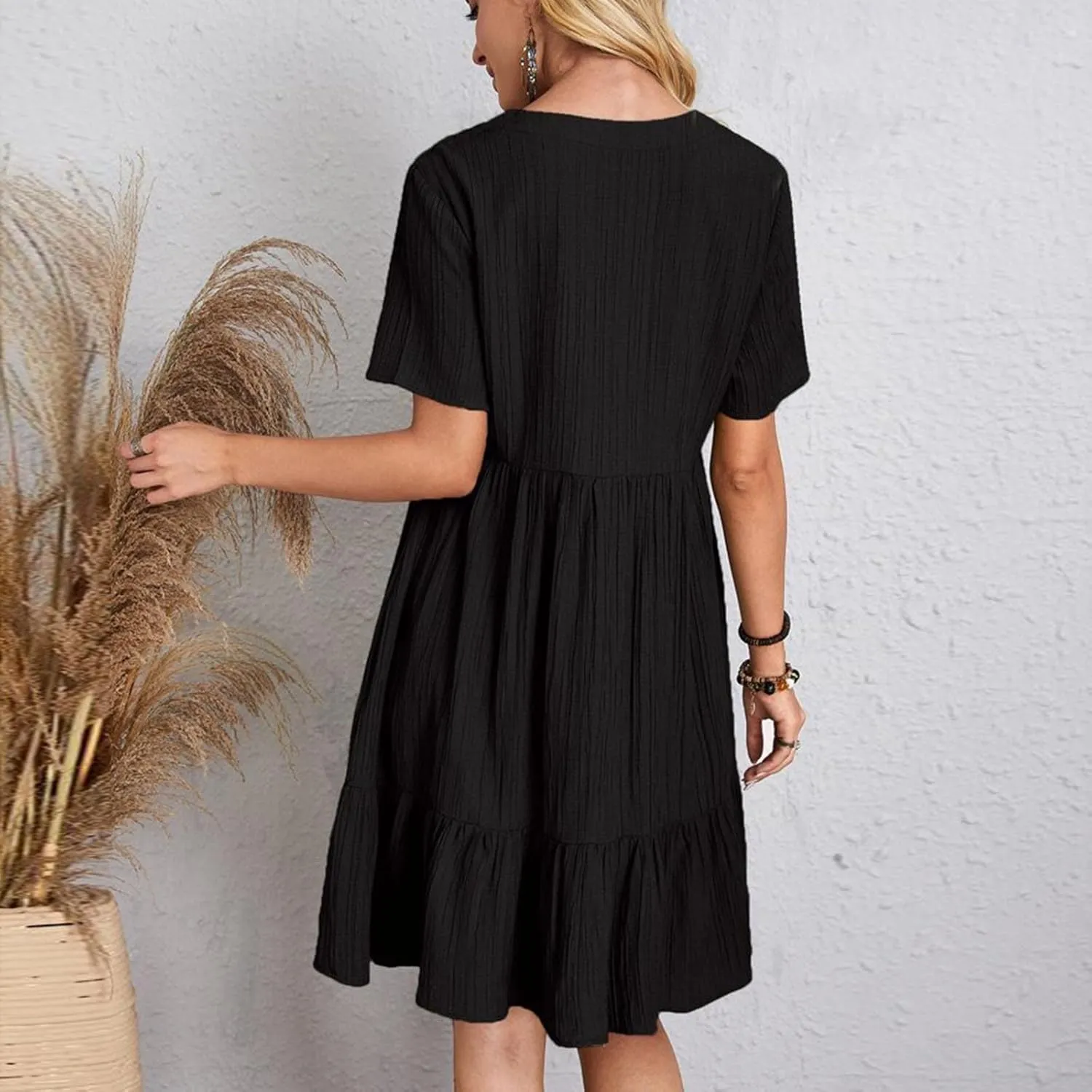 Women's Summer Dress 2024 Loose Crew Neck Short Sleeve Solid Sundress Casual Pleated Flowy Beach Mini Dresses