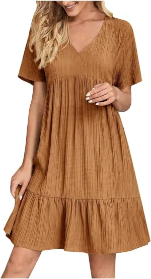 Women's Summer Dress 2024 Loose Crew Neck Short Sleeve Solid Sundress Casual Pleated Flowy Beach Mini Dresses