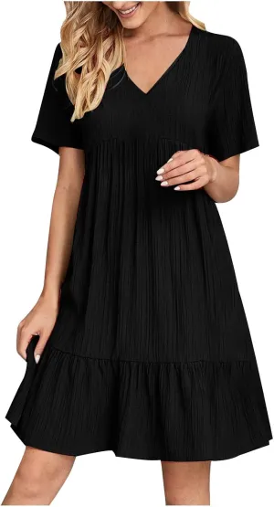 Women's Summer Dress 2024 Loose Crew Neck Short Sleeve Solid Sundress Casual Pleated Flowy Beach Mini Dresses