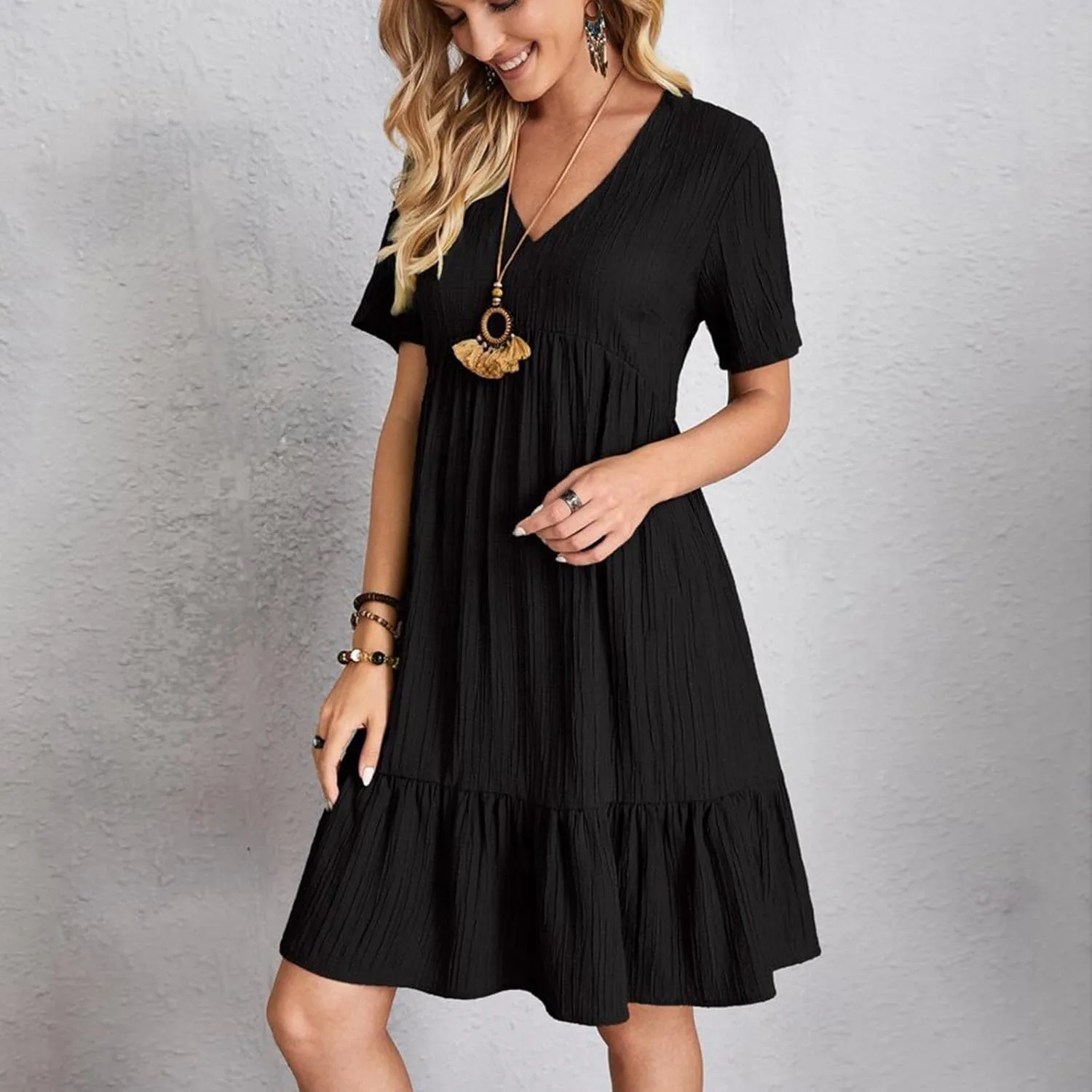 Women's Summer Dress 2024 Loose Crew Neck Short Sleeve Solid Sundress Casual Pleated Flowy Beach Mini Dresses