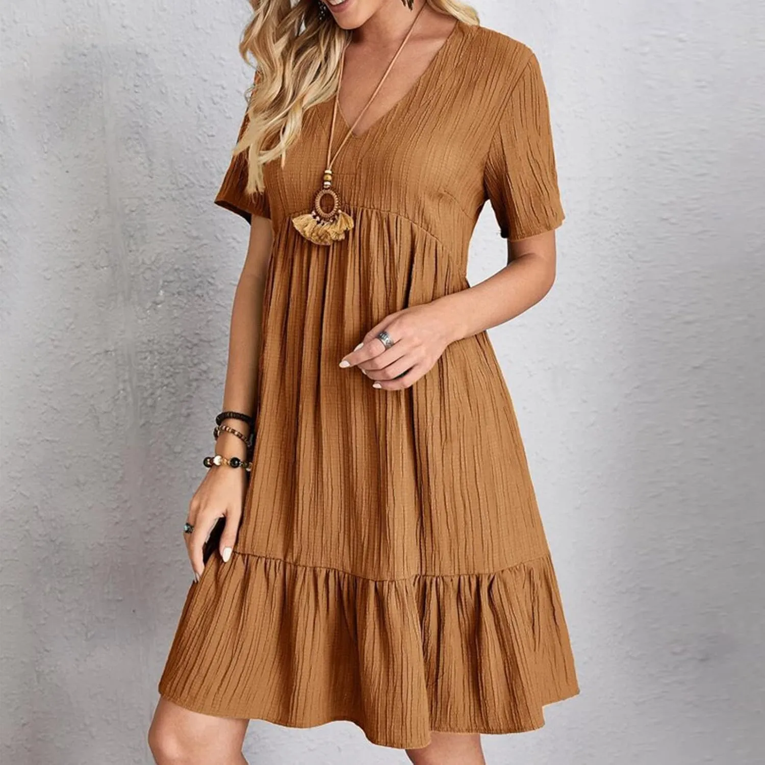 Women's Summer Dress 2024 Loose Crew Neck Short Sleeve Solid Sundress Casual Pleated Flowy Beach Mini Dresses