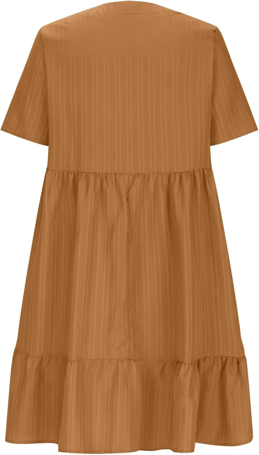Women's Summer Dress 2024 Loose Crew Neck Short Sleeve Solid Sundress Casual Pleated Flowy Beach Mini Dresses