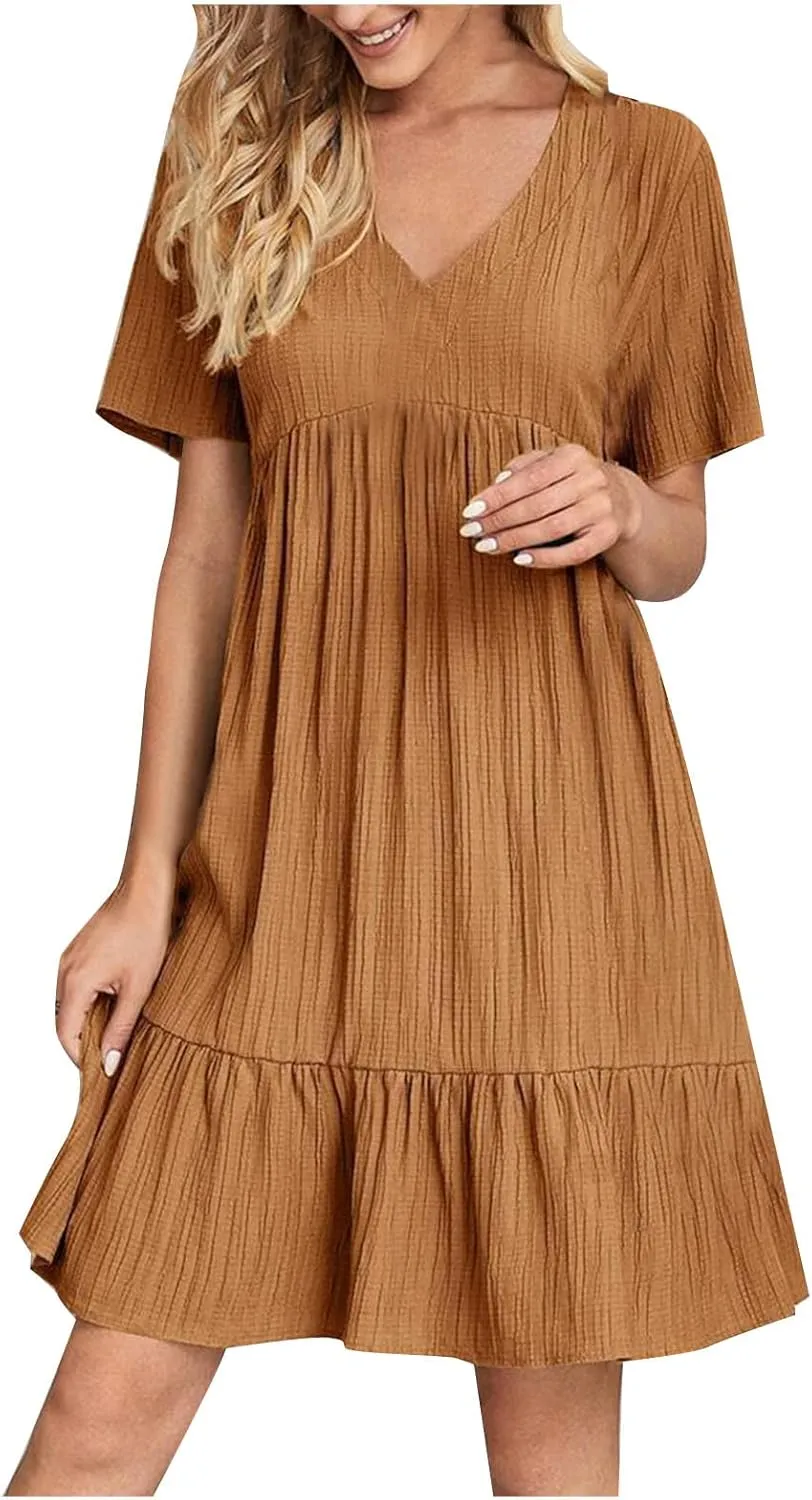 Women's Summer Dress 2024 Loose Crew Neck Short Sleeve Solid Sundress Casual Pleated Flowy Beach Mini Dresses