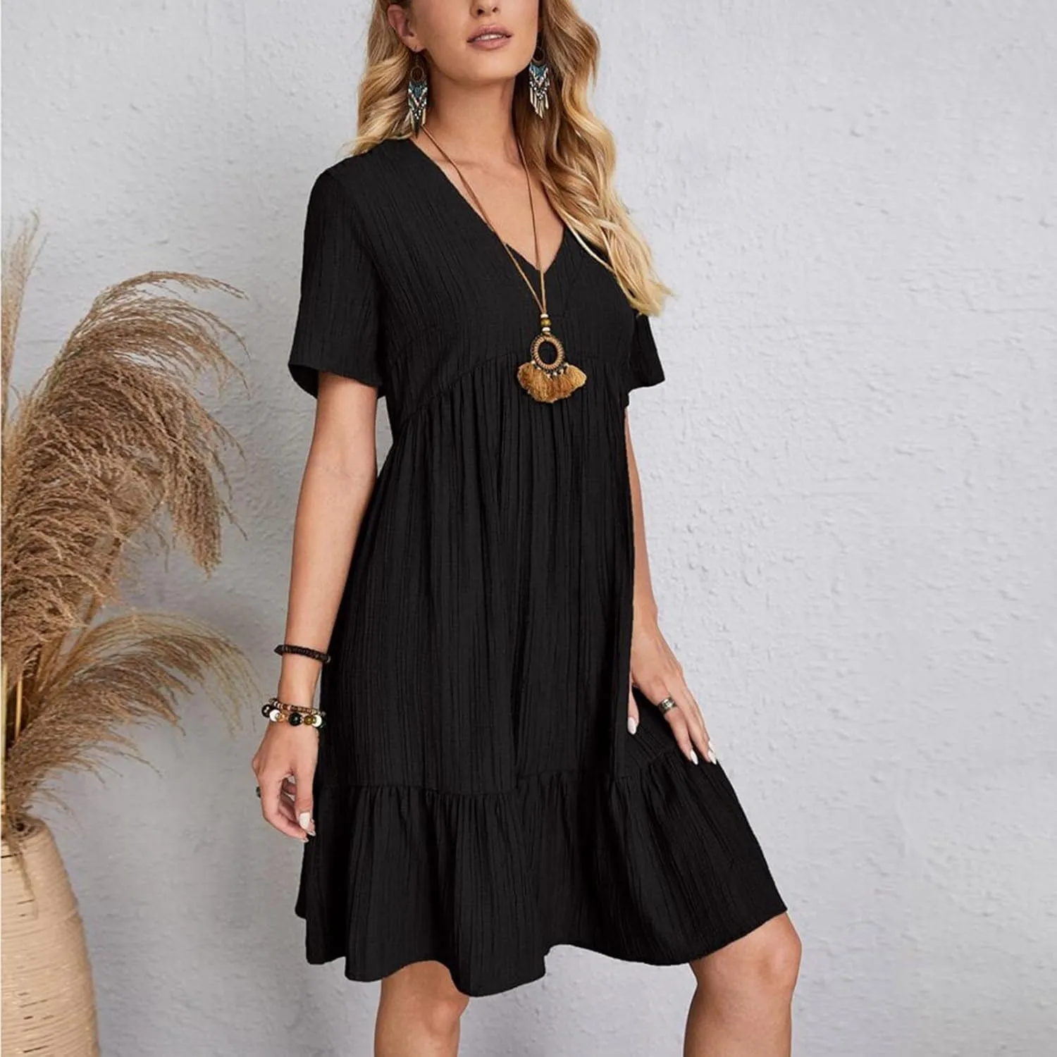 Women's Summer Dress 2024 Loose Crew Neck Short Sleeve Solid Sundress Casual Pleated Flowy Beach Mini Dresses
