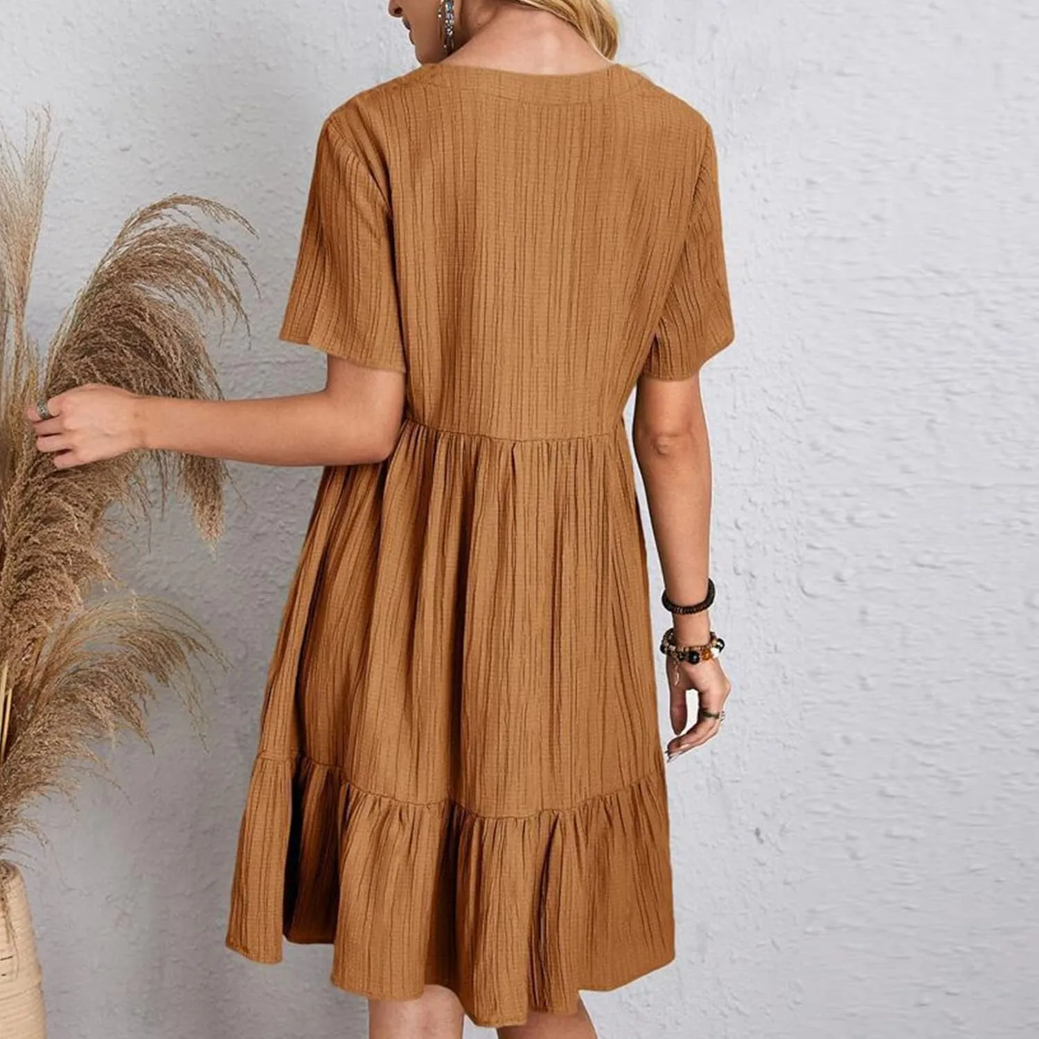 Women's Summer Dress 2024 Loose Crew Neck Short Sleeve Solid Sundress Casual Pleated Flowy Beach Mini Dresses