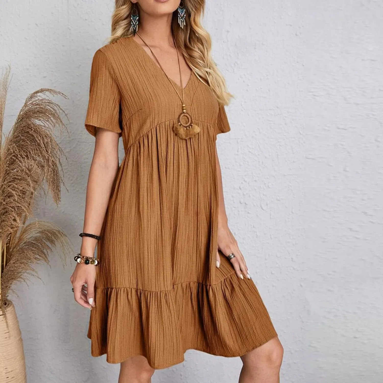 Women's Summer Dress 2024 Loose Crew Neck Short Sleeve Solid Sundress Casual Pleated Flowy Beach Mini Dresses