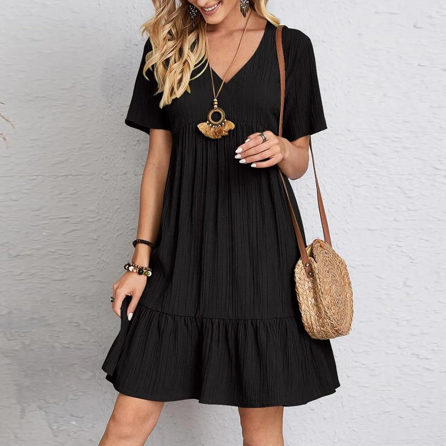 Women's Summer Dress 2024 Loose Crew Neck Short Sleeve Solid Sundress Casual Pleated Flowy Beach Mini Dresses