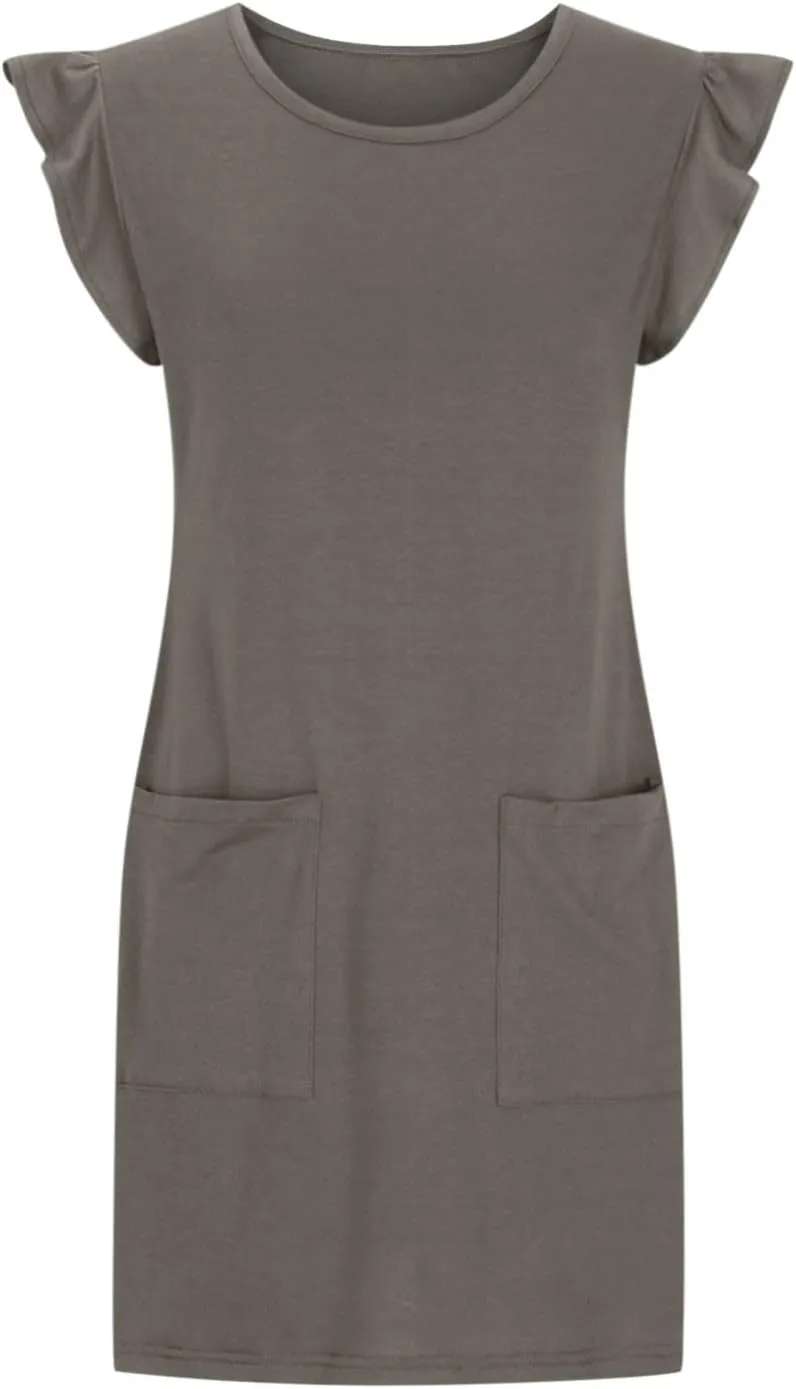 Women's Summer Dress 2024 Trendy Ruffle Flying Sleeve Round Neck Casual Loose Solid Mini Dresses with Pockets