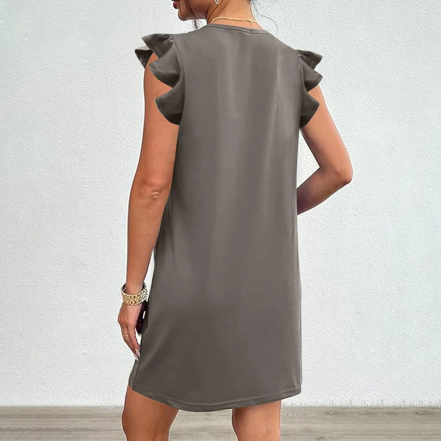 Women's Summer Dress 2024 Trendy Ruffle Flying Sleeve Round Neck Casual Loose Solid Mini Dresses with Pockets