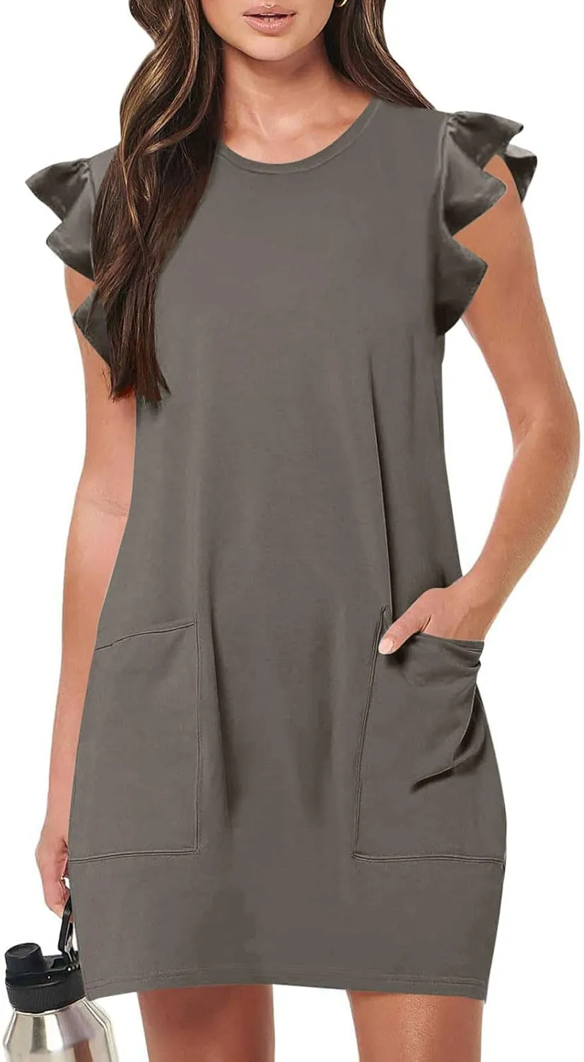 Women's Summer Dress 2024 Trendy Ruffle Flying Sleeve Round Neck Casual Loose Solid Mini Dresses with Pockets