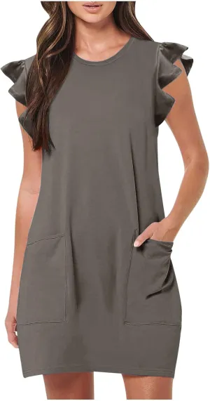 Women's Summer Dress 2024 Trendy Ruffle Flying Sleeve Round Neck Casual Loose Solid Mini Dresses with Pockets
