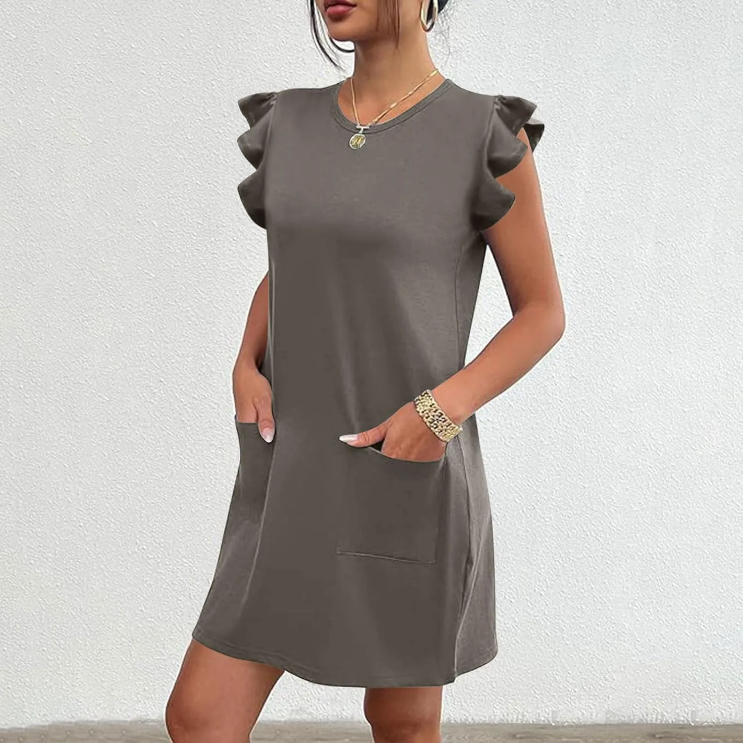 Women's Summer Dress 2024 Trendy Ruffle Flying Sleeve Round Neck Casual Loose Solid Mini Dresses with Pockets