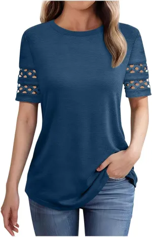 Womens Summer Tops Solid Color Business Casual Tshirts Hollow Out Short Sleeve Round Neck Blouse Basic T Shirt