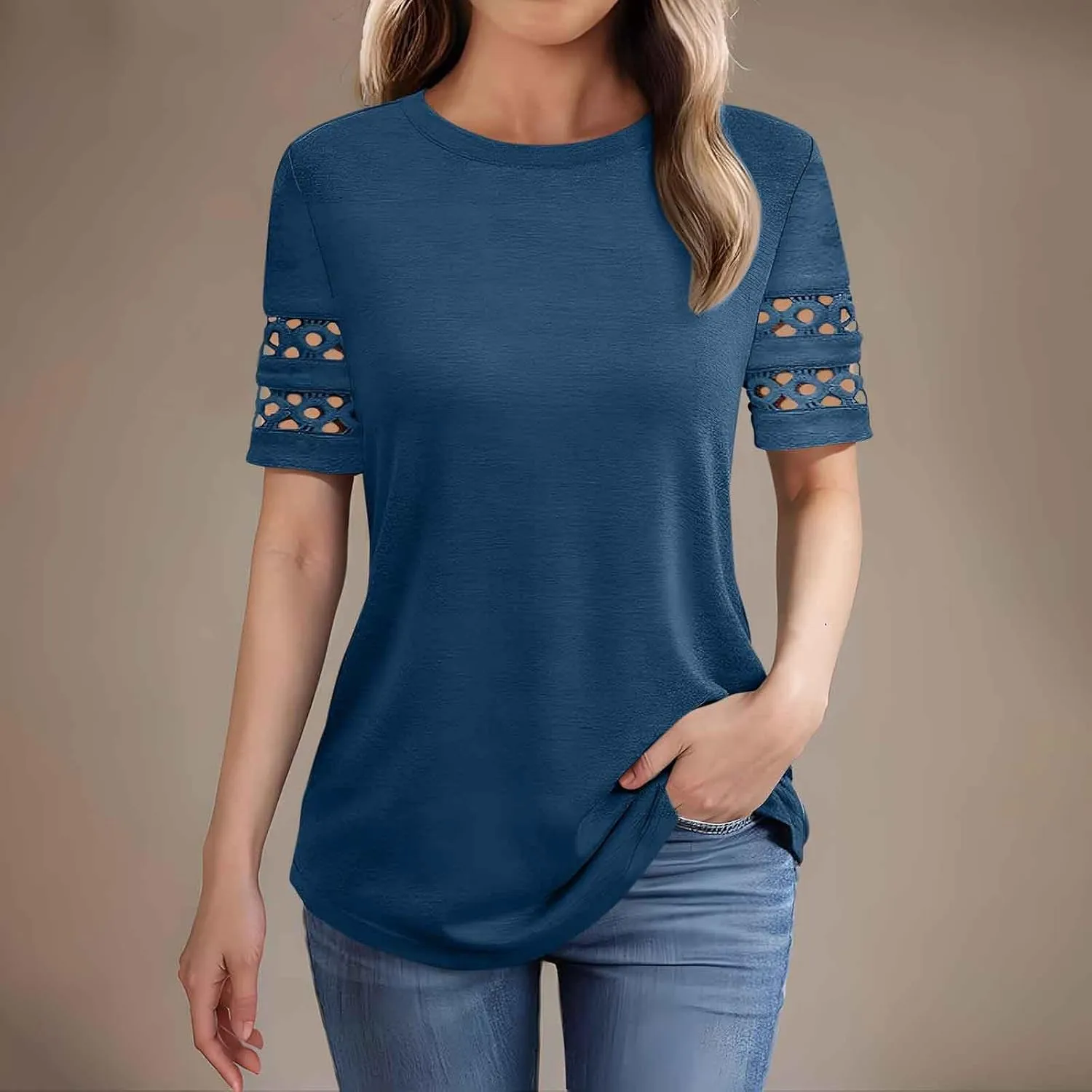 Womens Summer Tops Solid Color Business Casual Tshirts Hollow Out Short Sleeve Round Neck Blouse Basic T Shirt