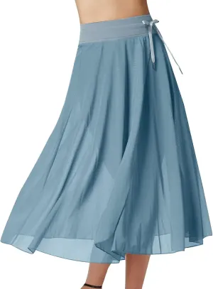 Women's Tulle Skirts Midi Elastic High Waist Flowy Pleated A-Line Mesh Party Long Skirts Swing Summer Beach Skirts
