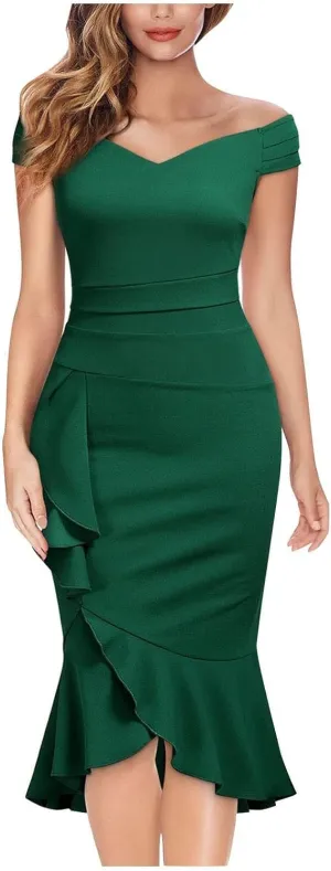 Womens V-Neck Midi Dress Solid Color Elegant Off Shoulder Blouson Dress Ruffle Sheath Dress Sexy Party Prom Dress