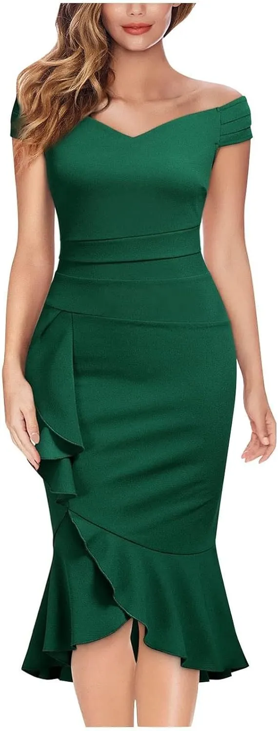 Womens V-Neck Midi Dress Solid Color Elegant Off Shoulder Blouson Dress Ruffle Sheath Dress Sexy Party Prom Dress