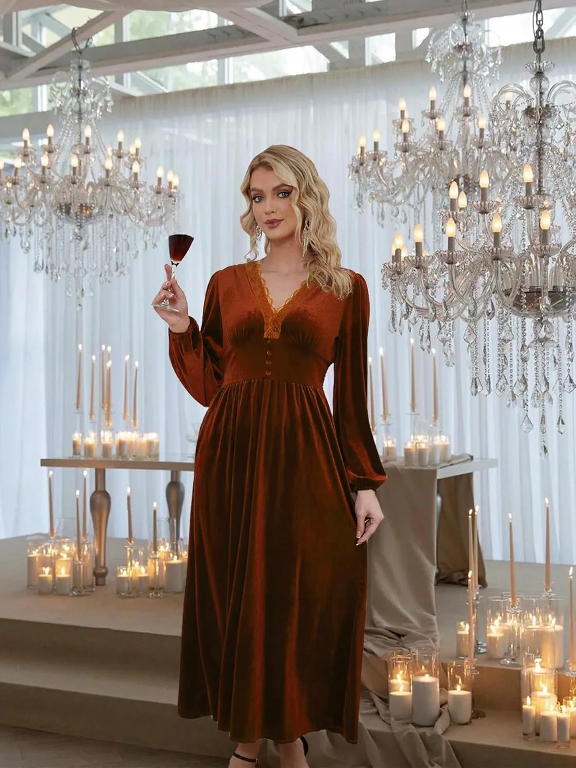 Women's Velvet Maxi Dress Elegant V Neck Lace Trim Smocked Waist Formal Wedding Guest Dresses with Pockets