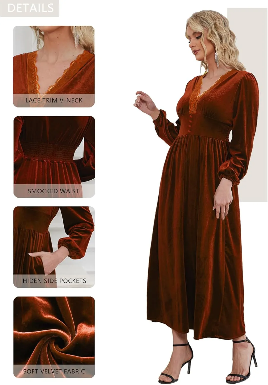 Women's Velvet Maxi Dress Elegant V Neck Lace Trim Smocked Waist Formal Wedding Guest Dresses with Pockets