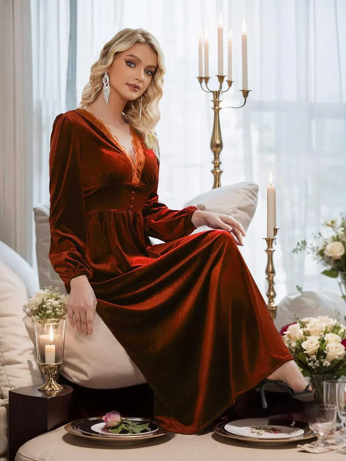 Women's Velvet Maxi Dress Elegant V Neck Lace Trim Smocked Waist Formal Wedding Guest Dresses with Pockets