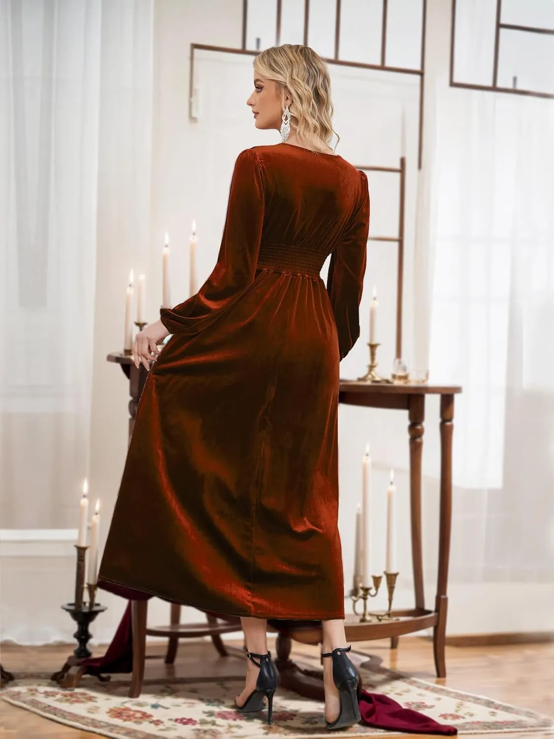 Women's Velvet Maxi Dress Elegant V Neck Lace Trim Smocked Waist Formal Wedding Guest Dresses with Pockets