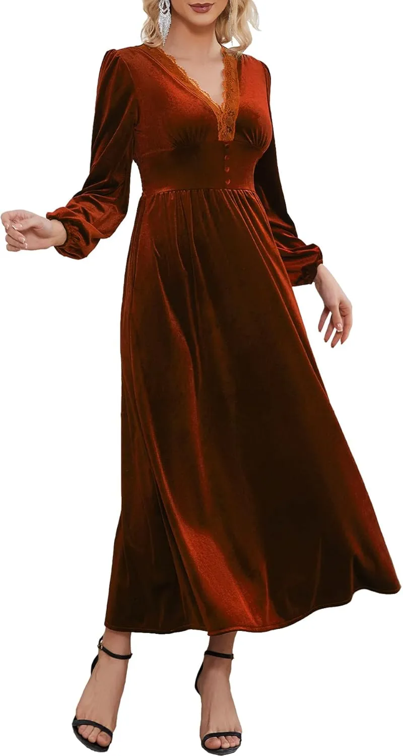 Women's Velvet Maxi Dress Elegant V Neck Lace Trim Smocked Waist Formal Wedding Guest Dresses with Pockets