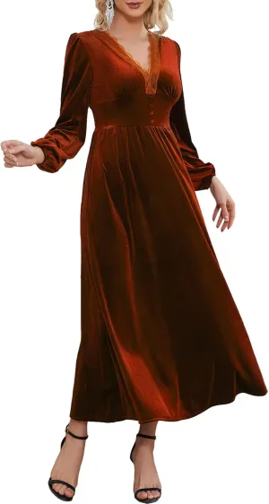 Women's Velvet Maxi Dress Elegant V Neck Lace Trim Smocked Waist Formal Wedding Guest Dresses with Pockets