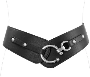 Women's Wide Leather Belt, Black Elastic Waist Belt for Dress