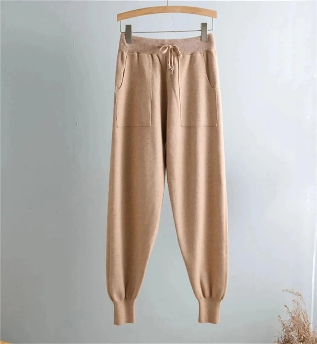 Women's Winter Bottom Joggers, Thick Knitted Harem Pants, Elastic Waist Drawstring Trousers for Sports