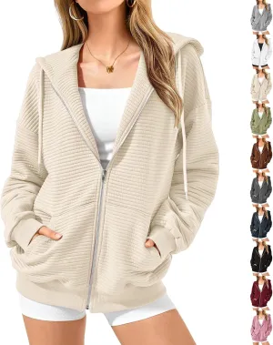 Womens Zip Up Hoodies Y2k Long Sleeve Fall Oversized Sweatshirts Preppy Cute Hoodies Drawstring Jackets with Pockets