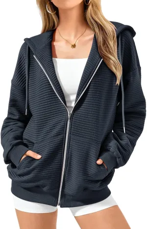 Womens Zip Up Hoodies Y2k Long Sleeve Fall Oversized Sweatshirts Preppy Cute Hoodies Drawstring Jackets with Pockets