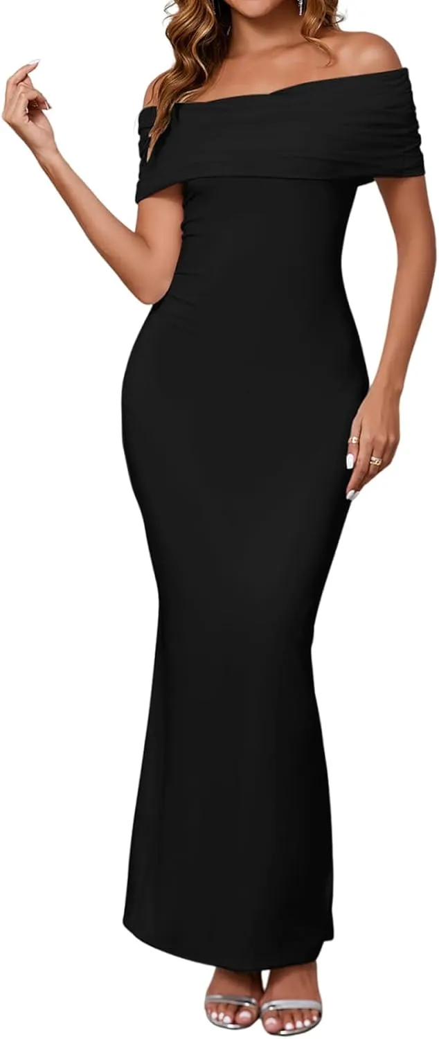 XinFSh Women's Elegant Off The Shoulder Long Bodycon Dress Sleeveless Maxi Formal Wedding Guset Party Dresses