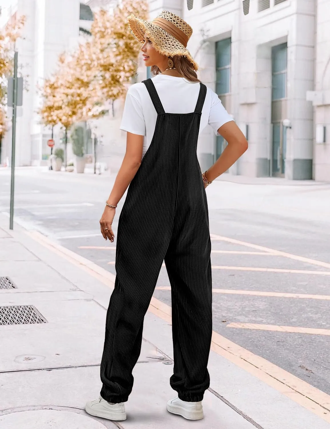 YESNO Women's Casual Corduroy Overalls Sleeveless Adjustable Straps Loose Harem Bib Jumpsuits for Women with Pockets PCL