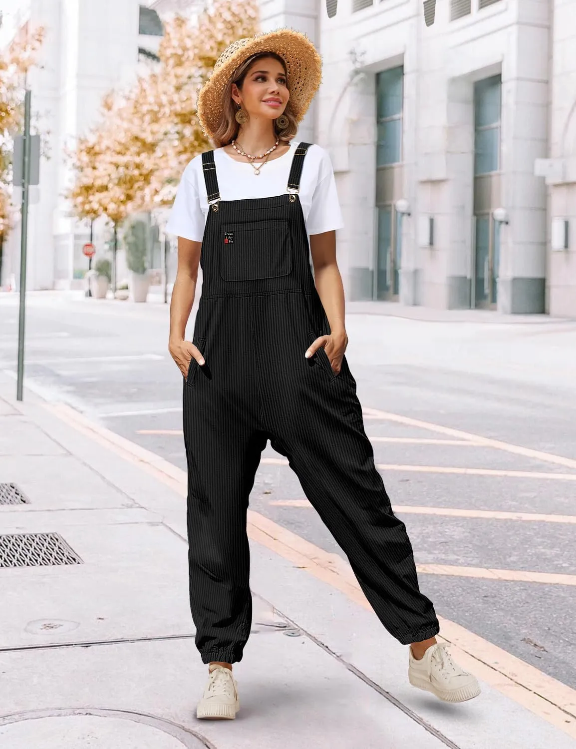YESNO Women's Casual Corduroy Overalls Sleeveless Adjustable Straps Loose Harem Bib Jumpsuits for Women with Pockets PCL