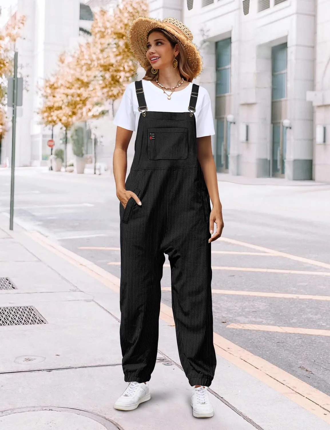 YESNO Women's Casual Corduroy Overalls Sleeveless Adjustable Straps Loose Harem Bib Jumpsuits for Women with Pockets PCL