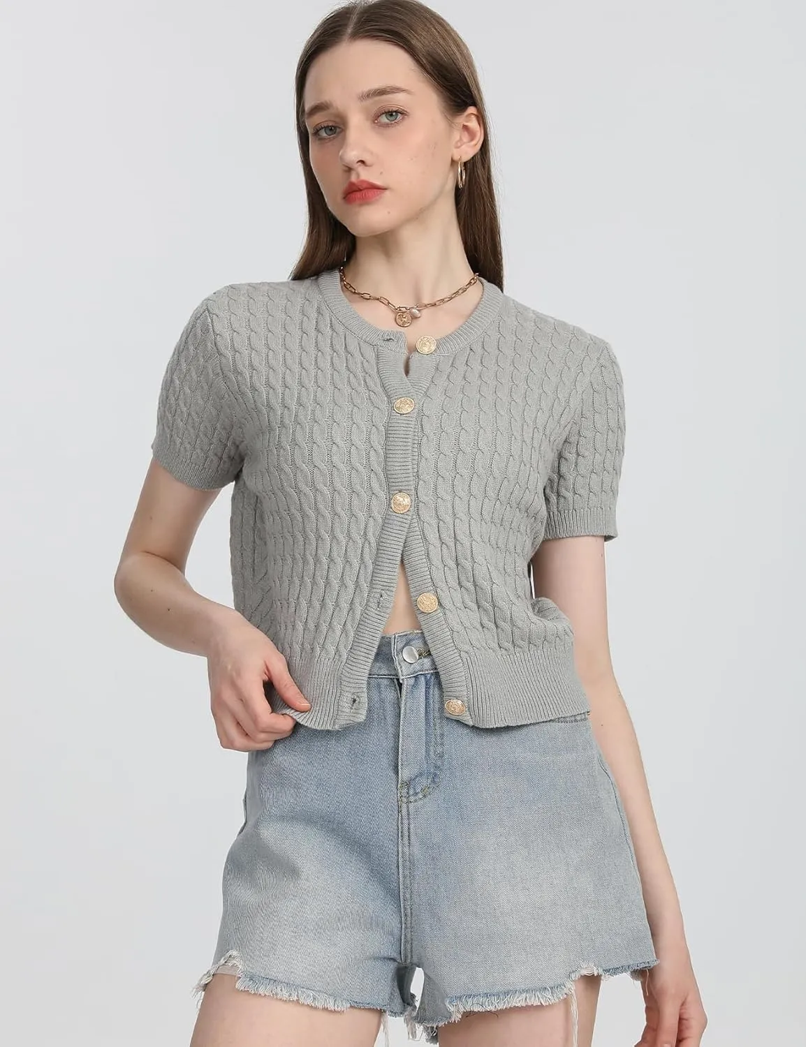 Yimoon Womens Short Sleeve Summer Cardigan Crop Button Down Cable Knit Sweater Basic Crewneck Slim fit Going Out Tops