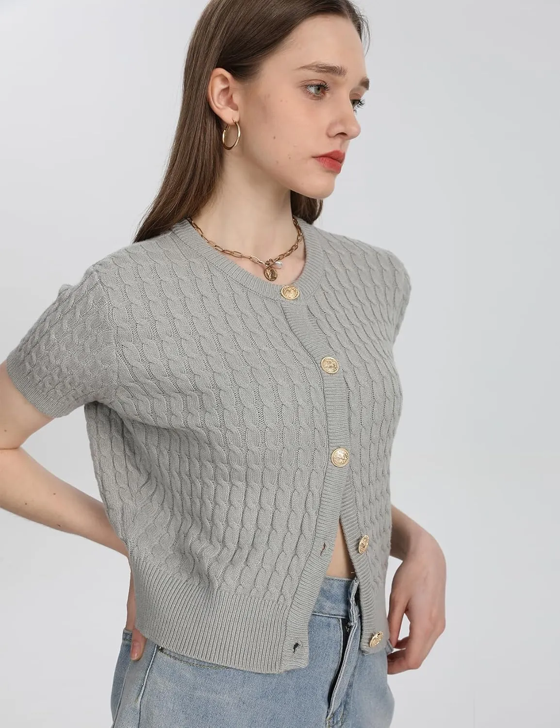 Yimoon Womens Short Sleeve Summer Cardigan Crop Button Down Cable Knit Sweater Basic Crewneck Slim fit Going Out Tops