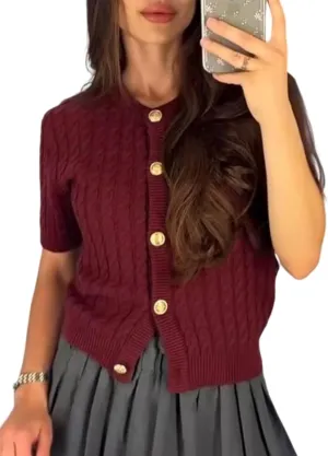 Yimoon Womens Short Sleeve Summer Cardigan Crop Button Down Cable Knit Sweater Basic Crewneck Slim fit Going Out Tops