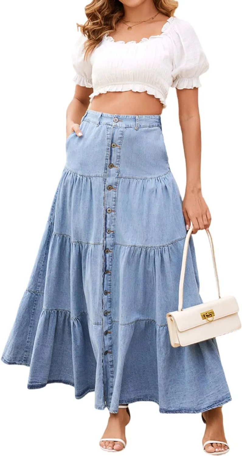 yoeasy Women's Button Down Denim Maxi Skirt High Waist Boho Flowy Swing Pleated Tiered Ruffle A Line Long Jean Skirts