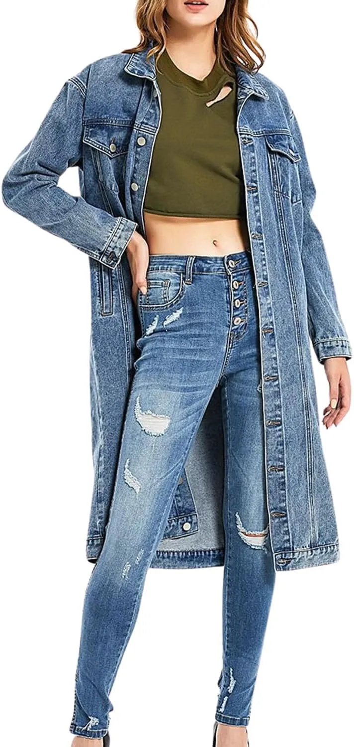 yoeasy Women's Casual Loose Oversized Long Sleeve Denim Jacket Button Down Midi Long Jean Jacket Trench Coat