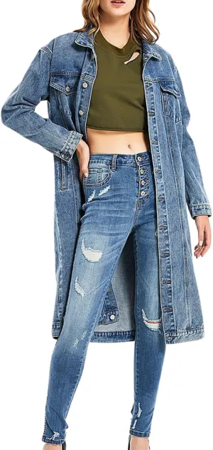 yoeasy Women's Casual Loose Oversized Long Sleeve Denim Jacket Button Down Midi Long Jean Jacket Trench Coat